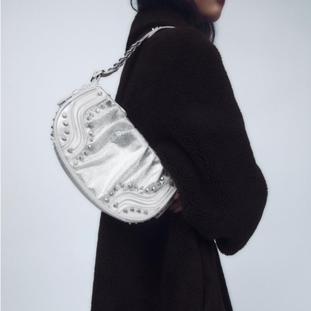 Zara silver studded rhinestone shoulder bag NWT